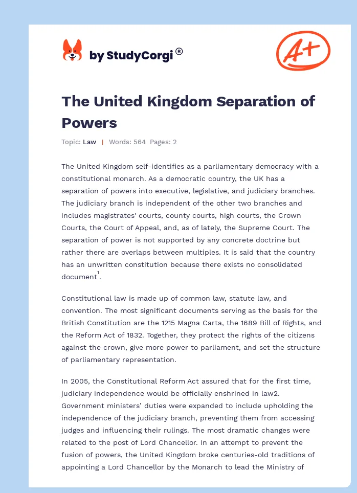 The United Kingdom Separation of Powers. Page 1