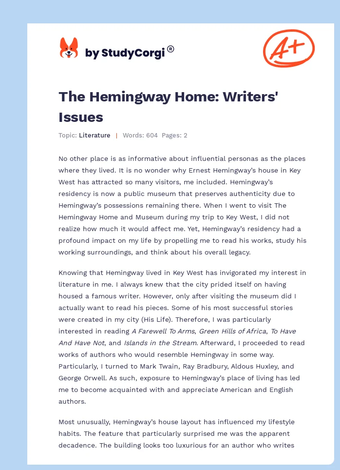 The Hemingway Home: Writers' Issues. Page 1