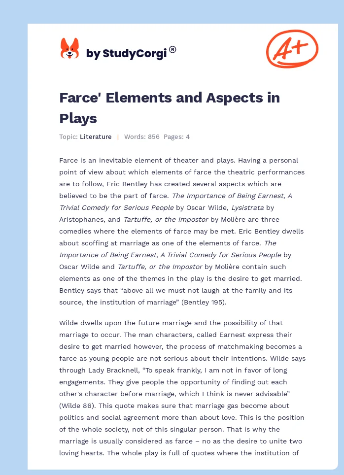 Farce' Elements and Aspects in Plays. Page 1