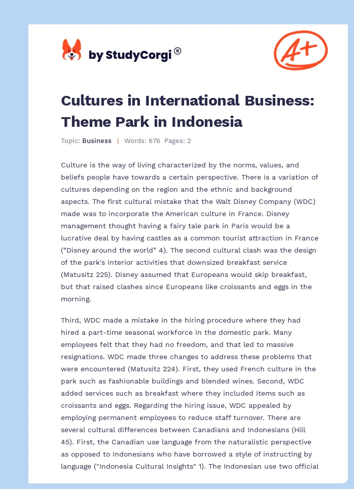 Cultures in International Business: Theme Park in Indonesia. Page 1