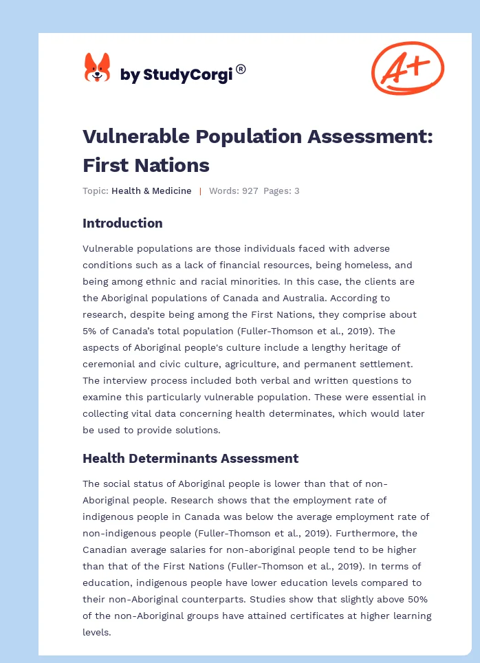 Vulnerable Population Assessment: First Nations. Page 1