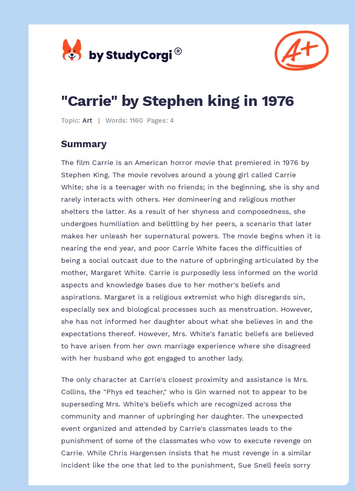 "Carrie" by Stephen king in 1976. Page 1