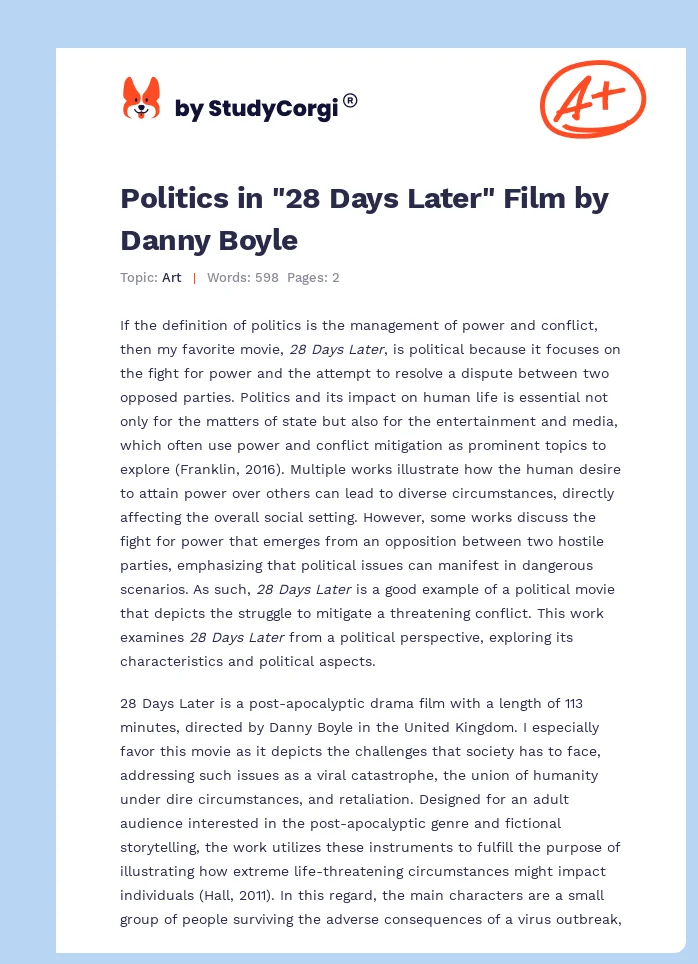 Politics in "28 Days Later" Film by Danny Boyle. Page 1