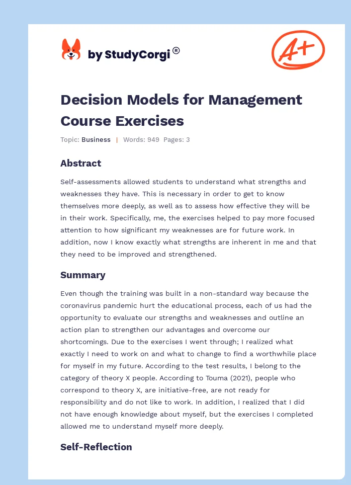 Decision Models for Management Course Exercises. Page 1