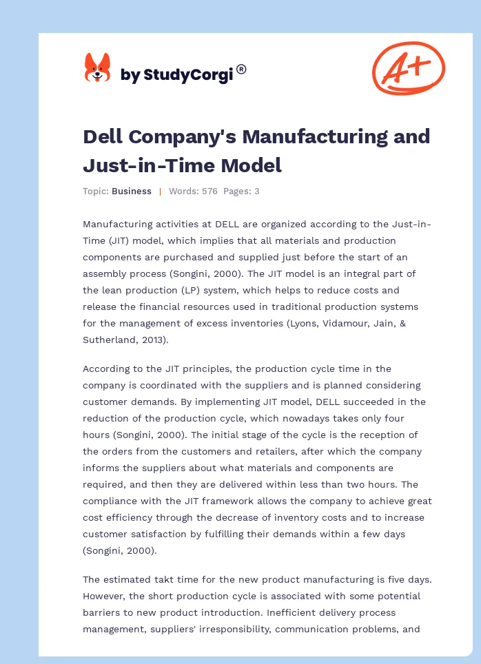 Dell Company's Manufacturing and Just-in-Time Model. Page 1