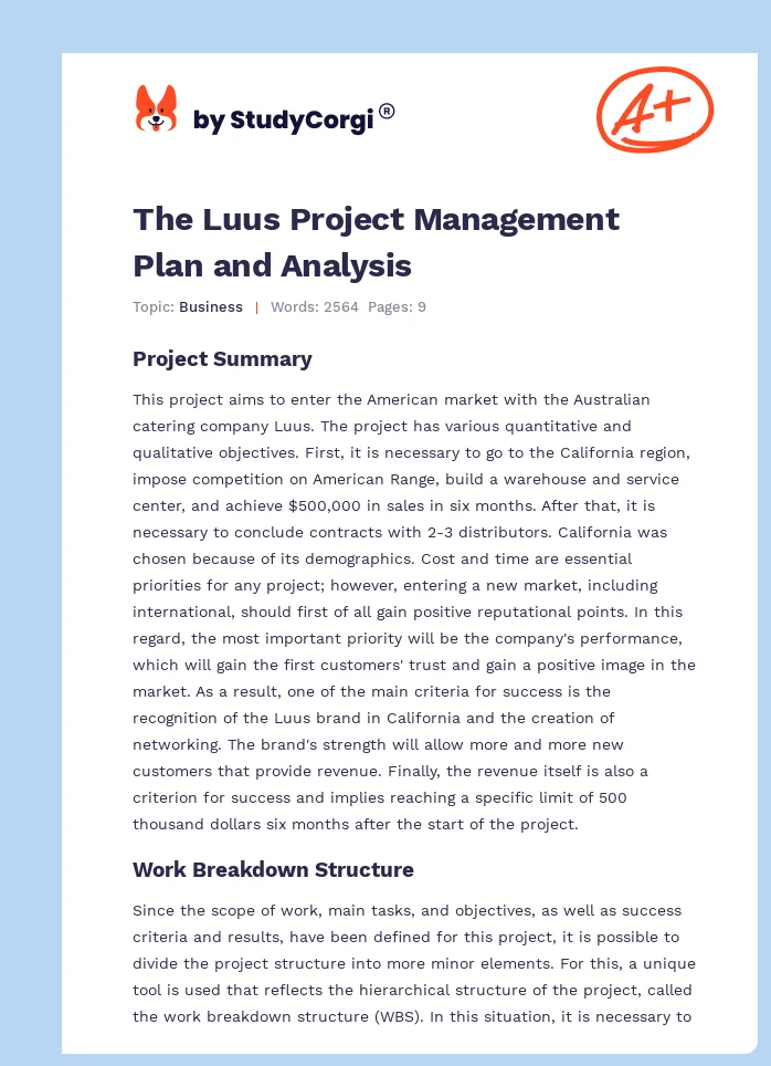 The Luus Project Management Plan and Analysis. Page 1