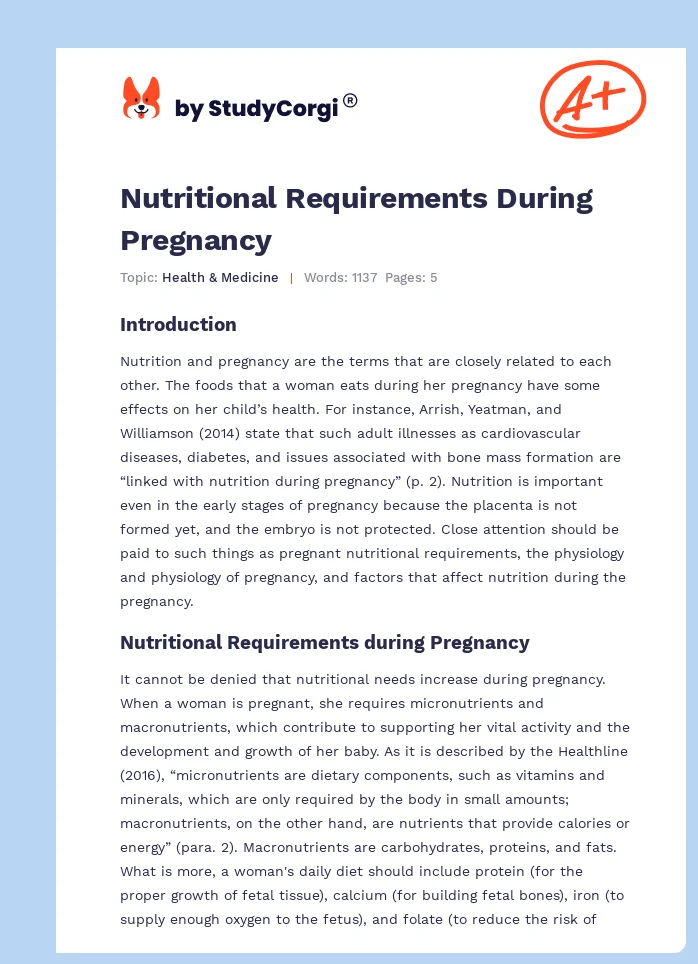 Nutritional Requirements During Pregnancy Free Essay Example