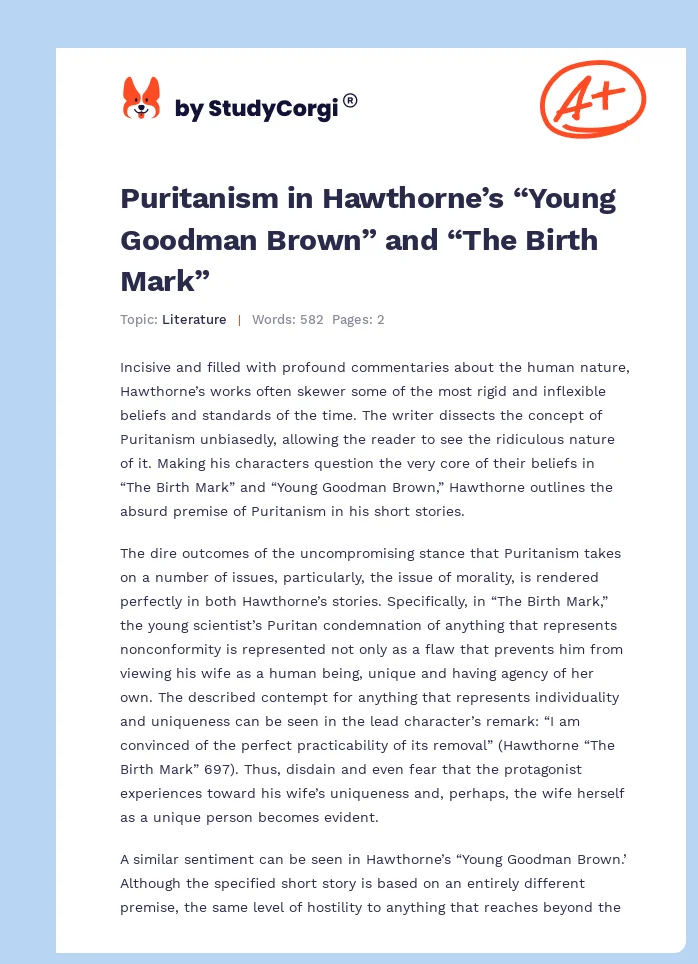 Puritanism in Hawthorne’s “Young Goodman Brown” and “The Birth Mark”. Page 1