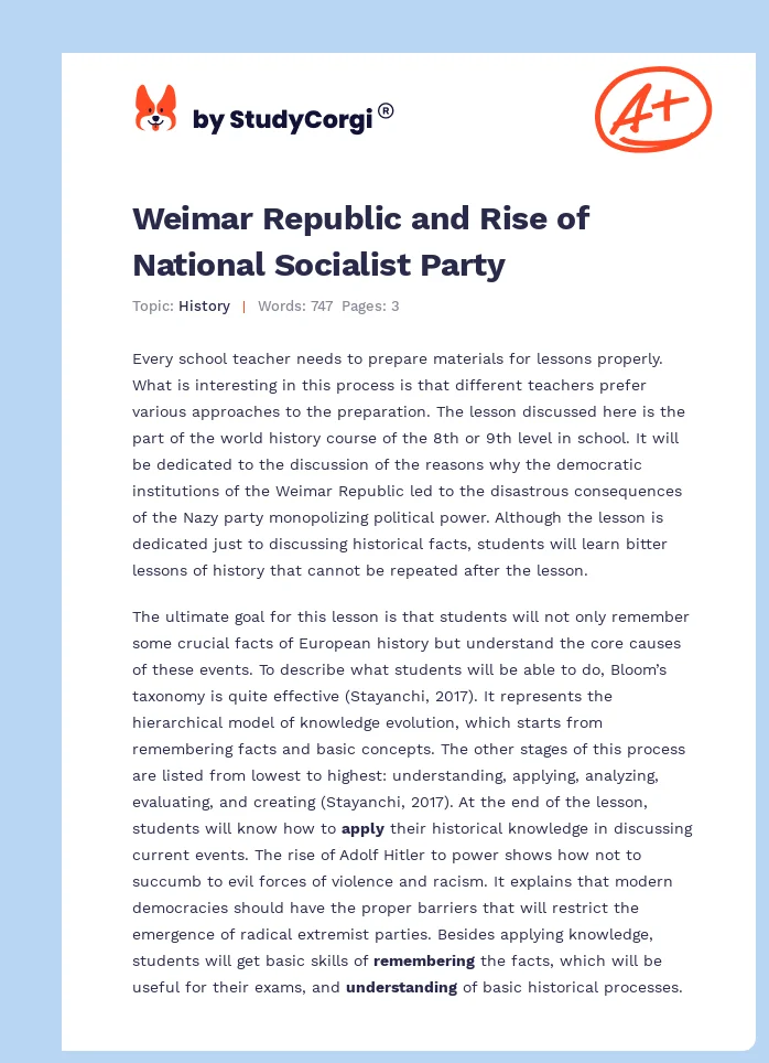 Weimar Republic and Rise of National Socialist Party. Page 1