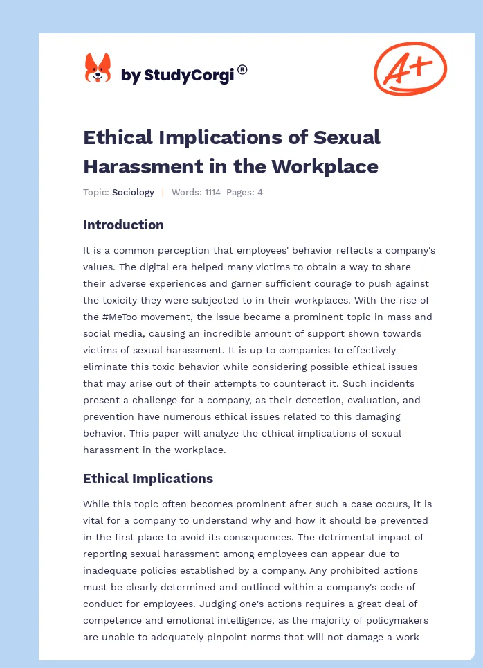 Ethical Implications of Sexual Harassment in the Workplace. Page 1