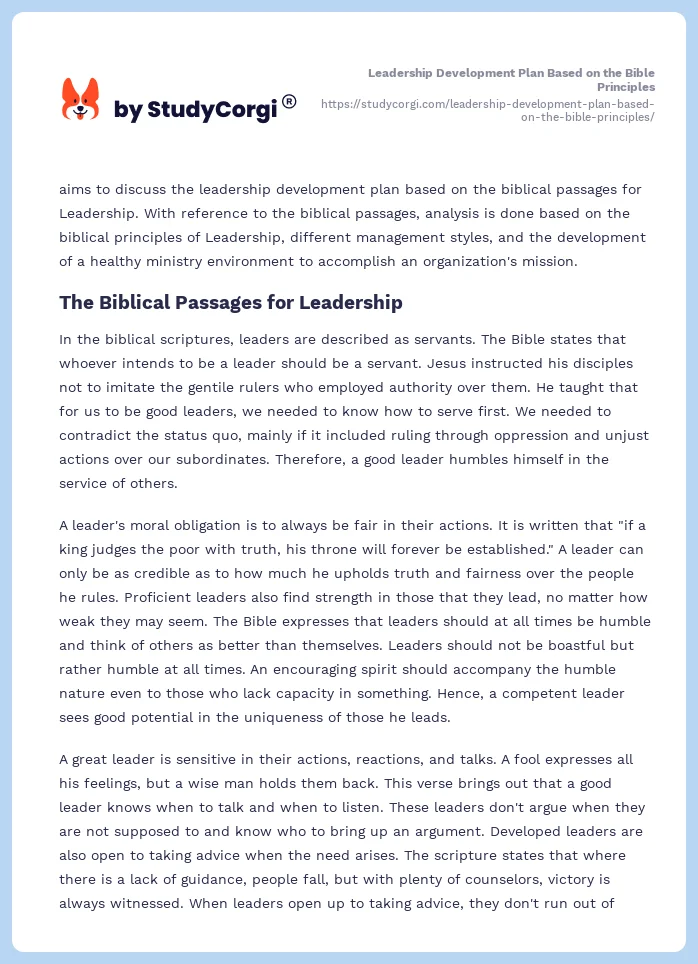 Leadership Development Plan Based on the Bible Principles. Page 2