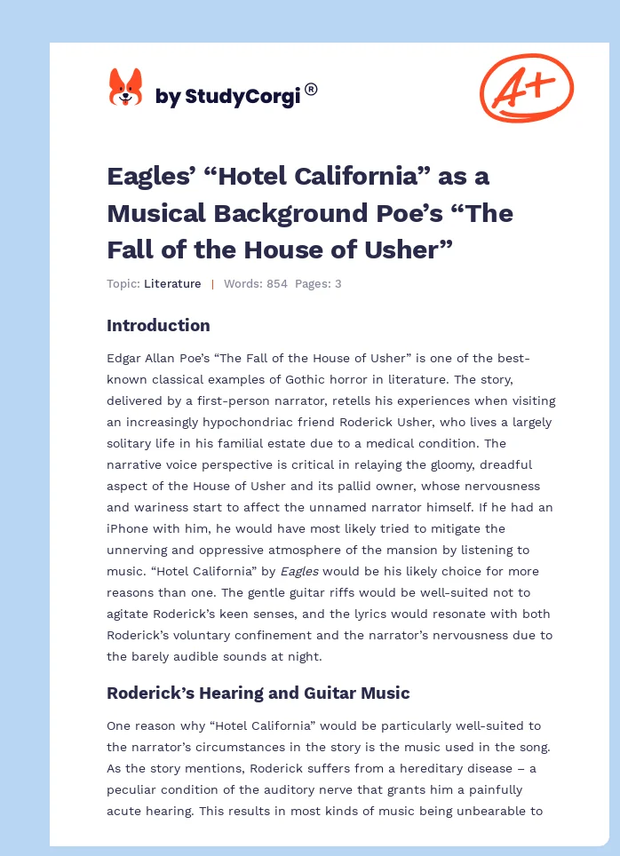 Eagles’ “Hotel California” as a Musical Background Poe’s “The Fall of the House of Usher”. Page 1