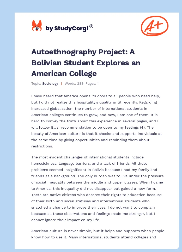 Autoethnography Project: A Bolivian Student Explores an American College. Page 1