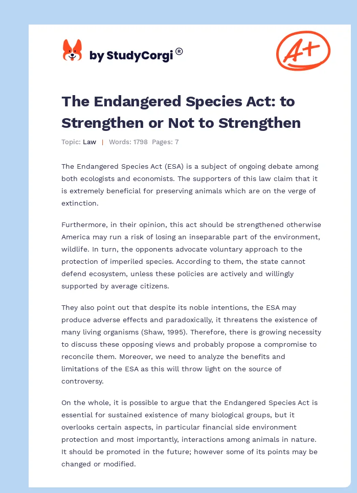 The Endangered Species Act: to Strengthen or Not to Strengthen. Page 1