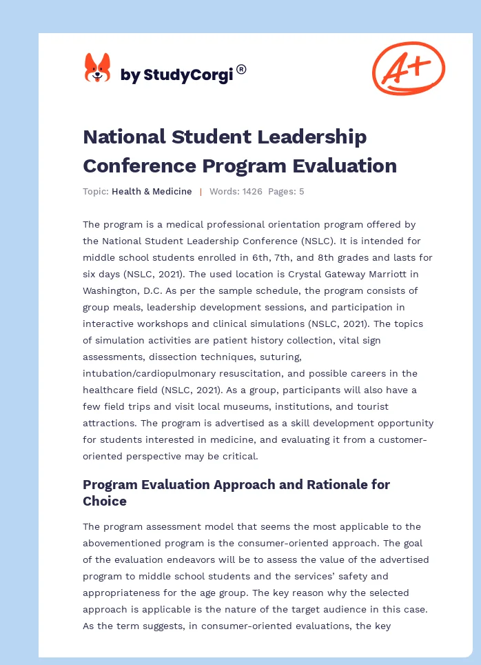 National Student Leadership Conference Program Evaluation. Page 1