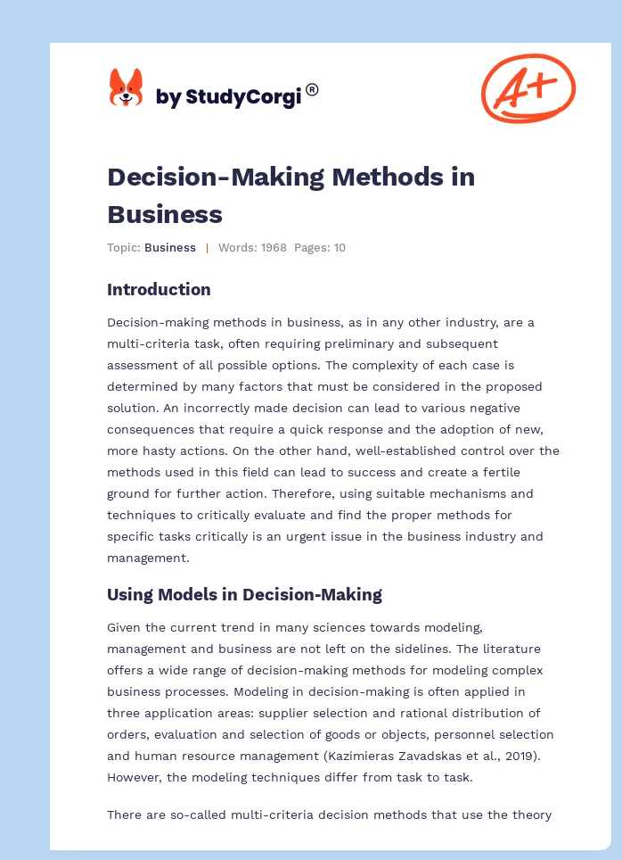 Decision-Making Methods in Business. Page 1