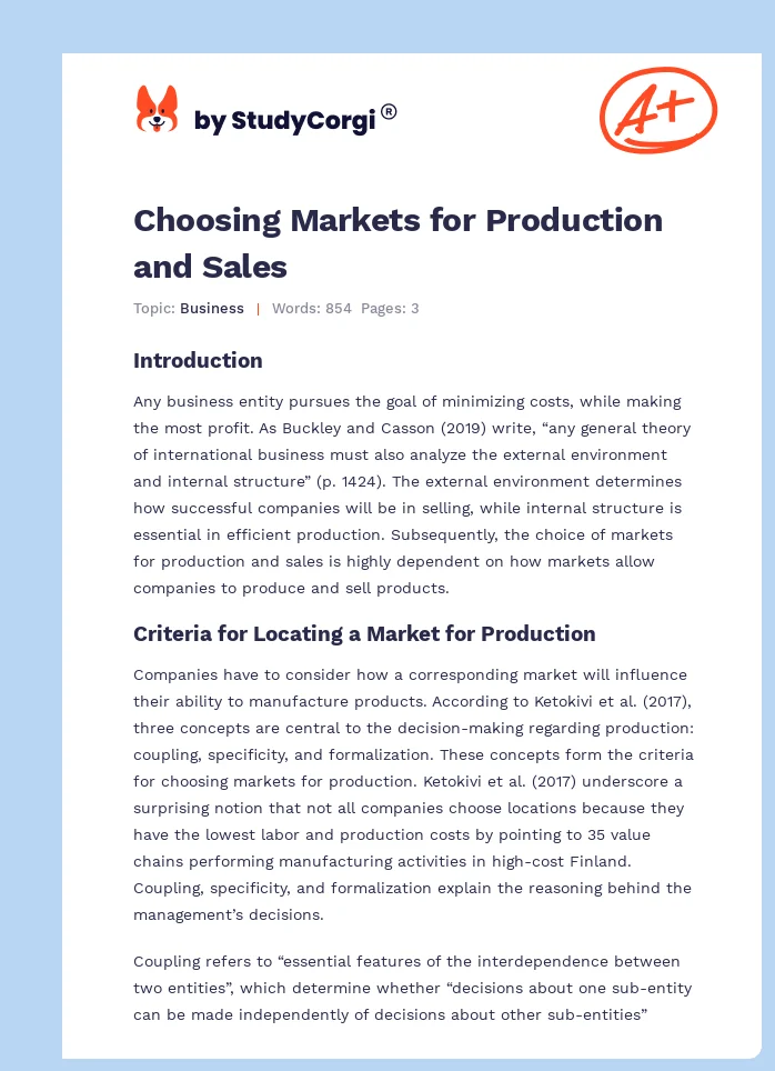 Choosing Markets for Production and Sales. Page 1