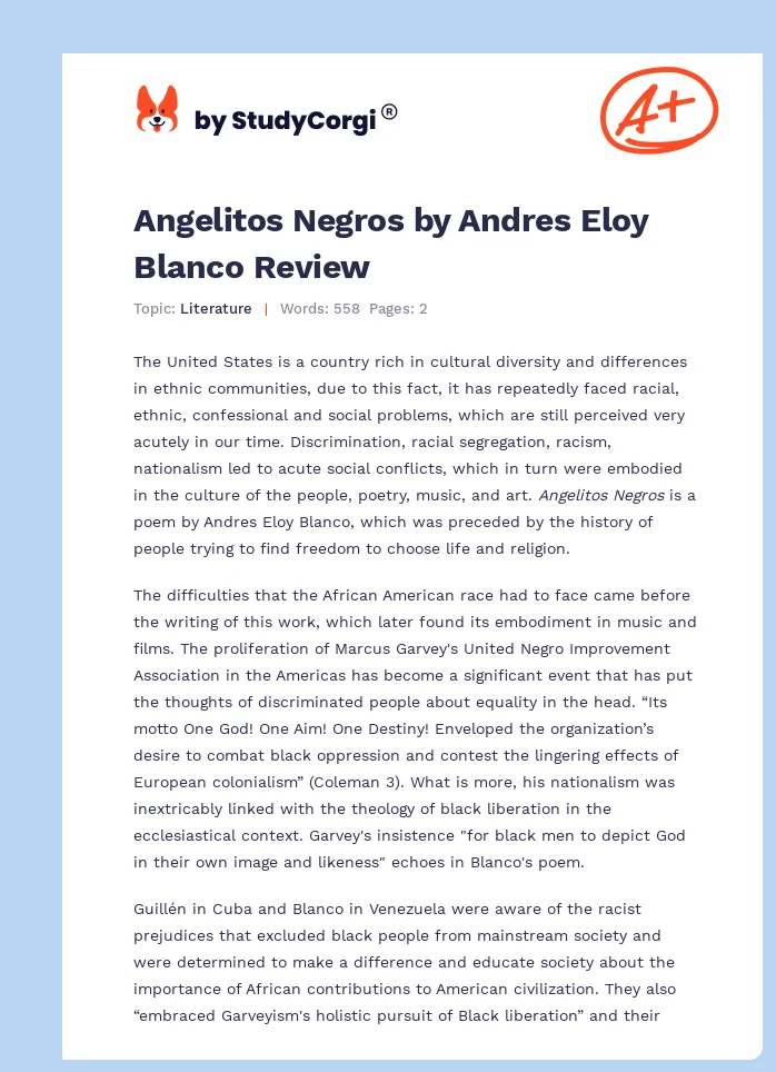 Angelitos Negros by Andres Eloy Blanco Review. Page 1