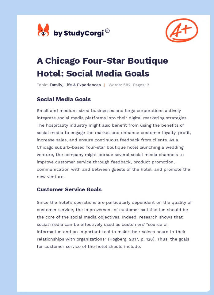 A Chicago Four-Star Boutique Hotel: Social Media Goals. Page 1