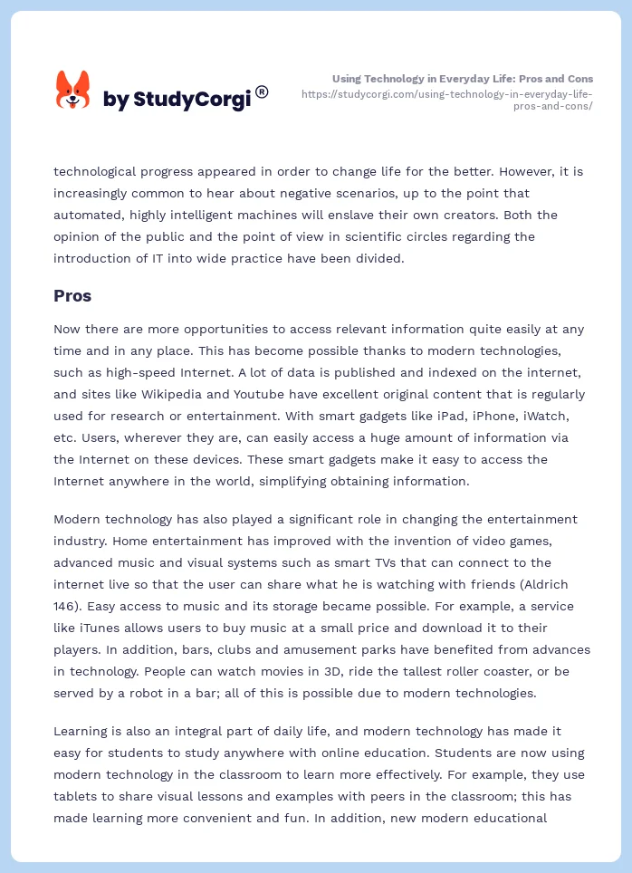 Using Technology in Everyday Life: Pros and Cons. Page 2