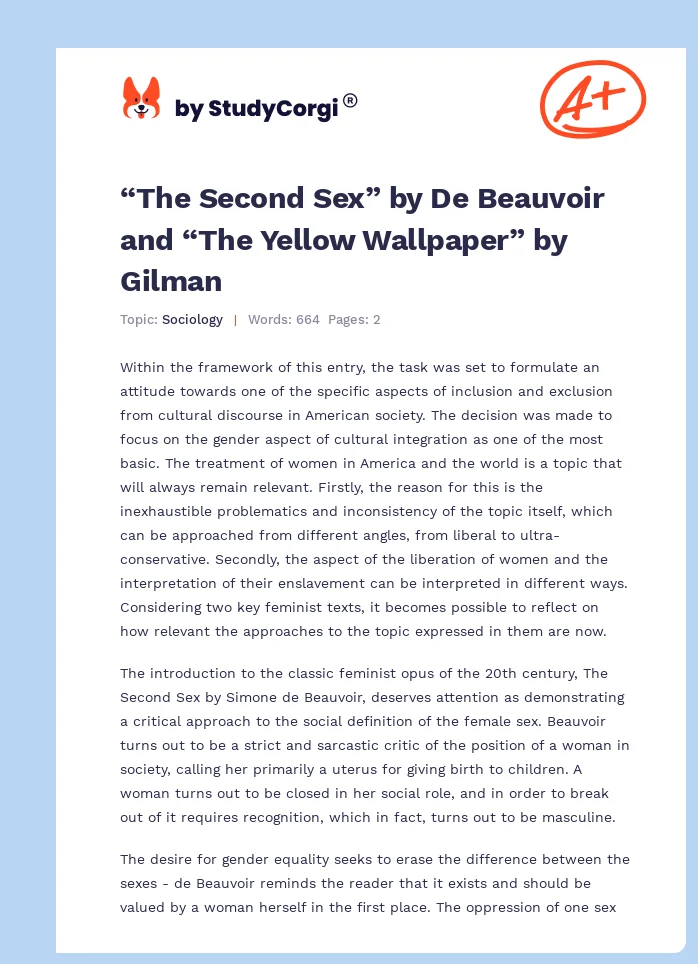 “The Second Sex” by De Beauvoir and “The Yellow Wallpaper” by Gilman. Page 1