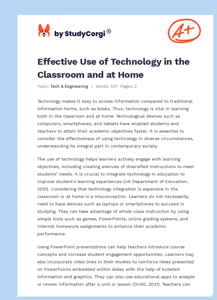 Effective Use of Technology in the Classroom and at Home. Page 1