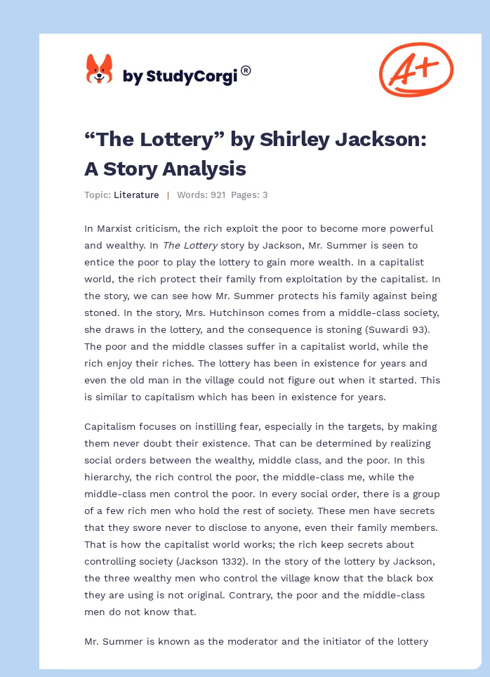 “The Lottery” by Shirley Jackson: A Story Analysis. Page 1
