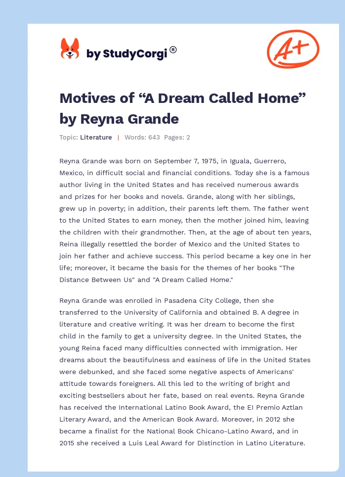 Motives of “A Dream Called Home” by Reyna Grande. Page 1