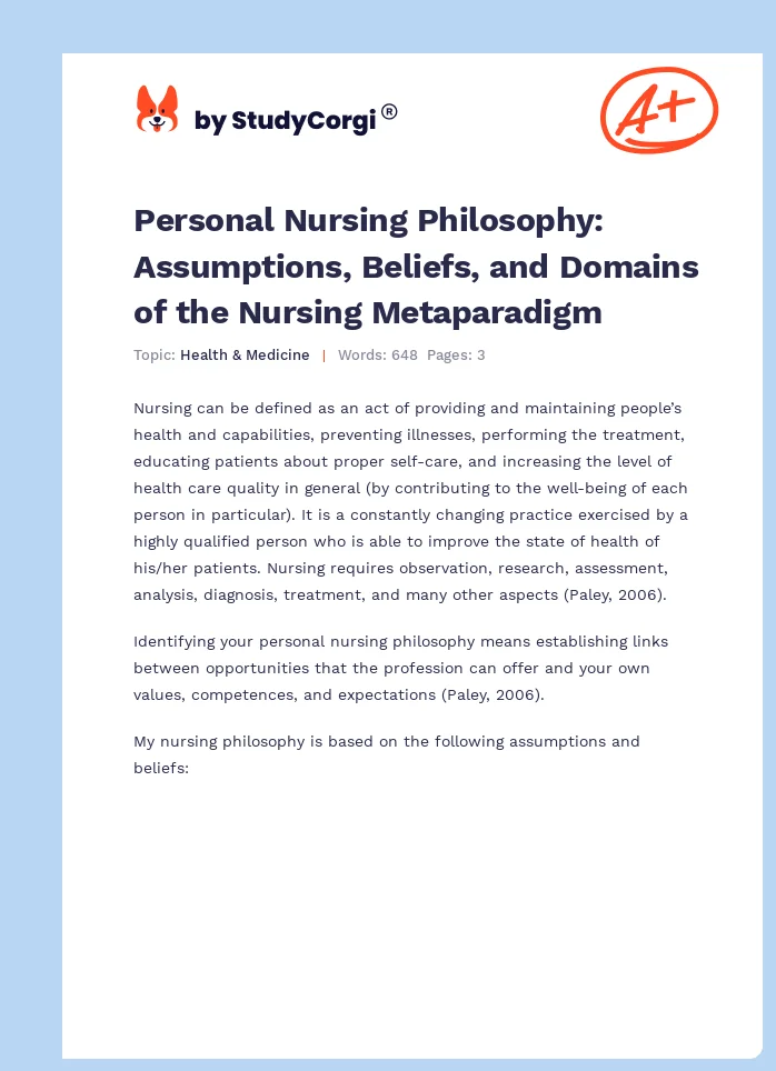 Personal Nursing Philosophy: Assumptions, Beliefs, and Domains of the Nursing Metaparadigm. Page 1