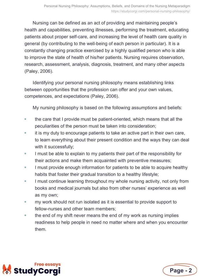 Personal Nursing Philosophy: Assumptions, Beliefs, and Domains of the Nursing Metaparadigm. Page 2