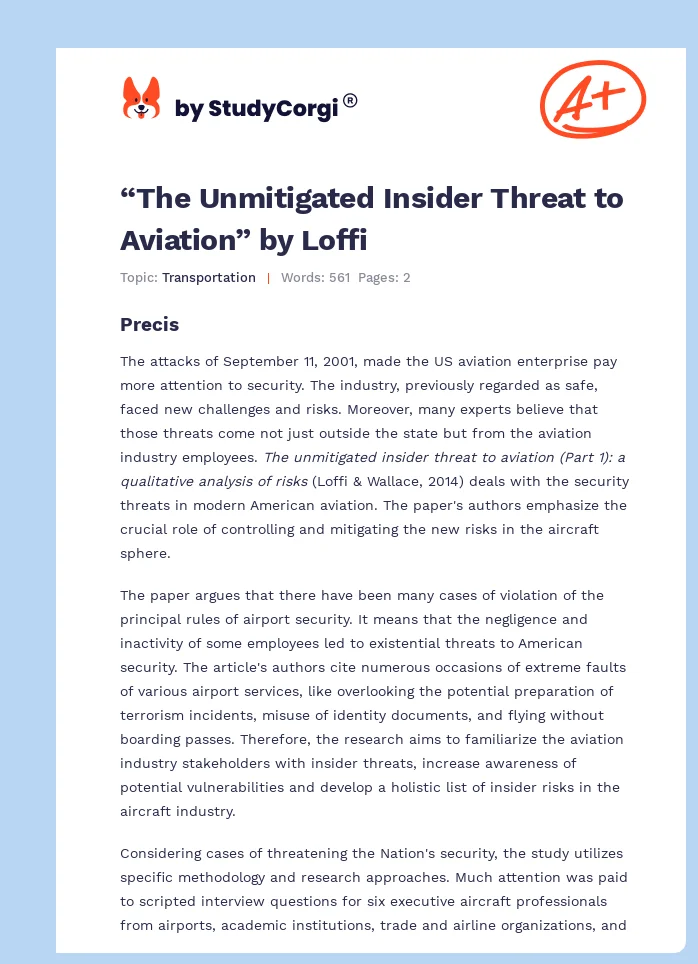 “The Unmitigated Insider Threat to Aviation” by Loffi. Page 1