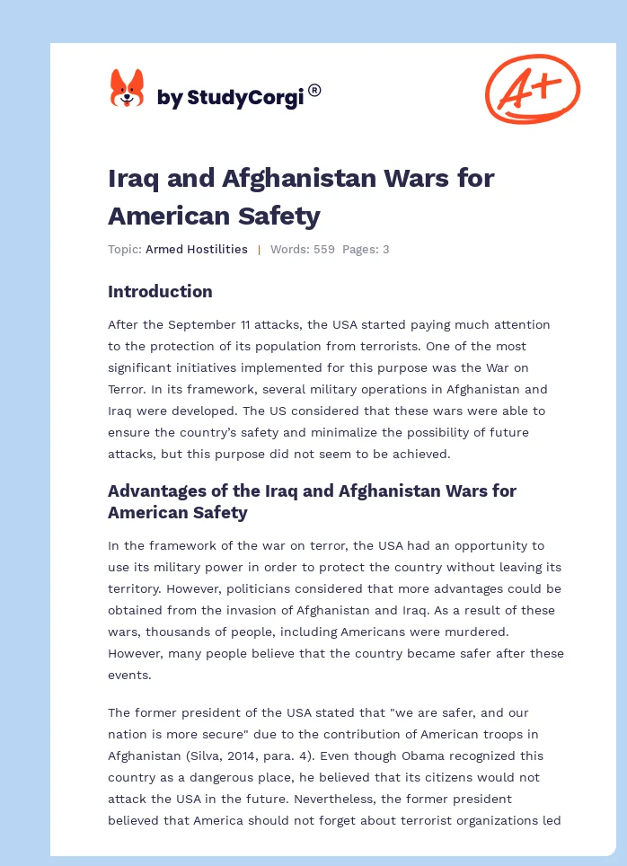 Iraq and Afghanistan Wars for American Safety. Page 1