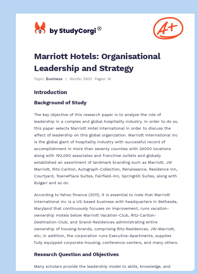 Marriott Hotels: Organisational Leadership and Strategy. Page 1
