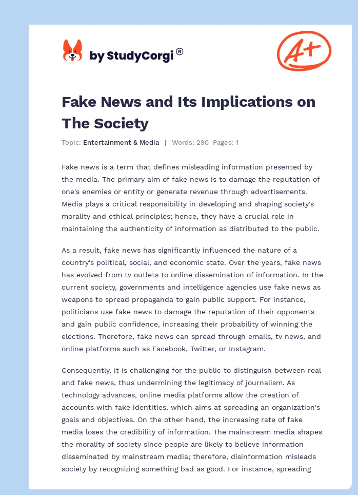Fake News and Its Implications on The Society. Page 1