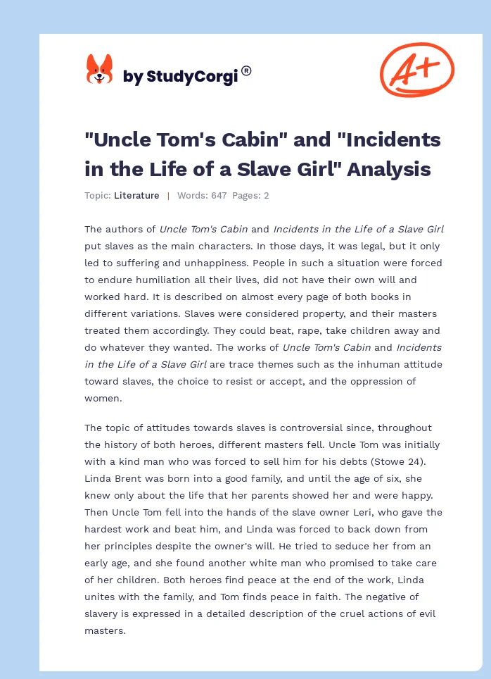 "Uncle Tom's Cabin" and "Incidents in the Life of a Slave Girl" Analysis. Page 1