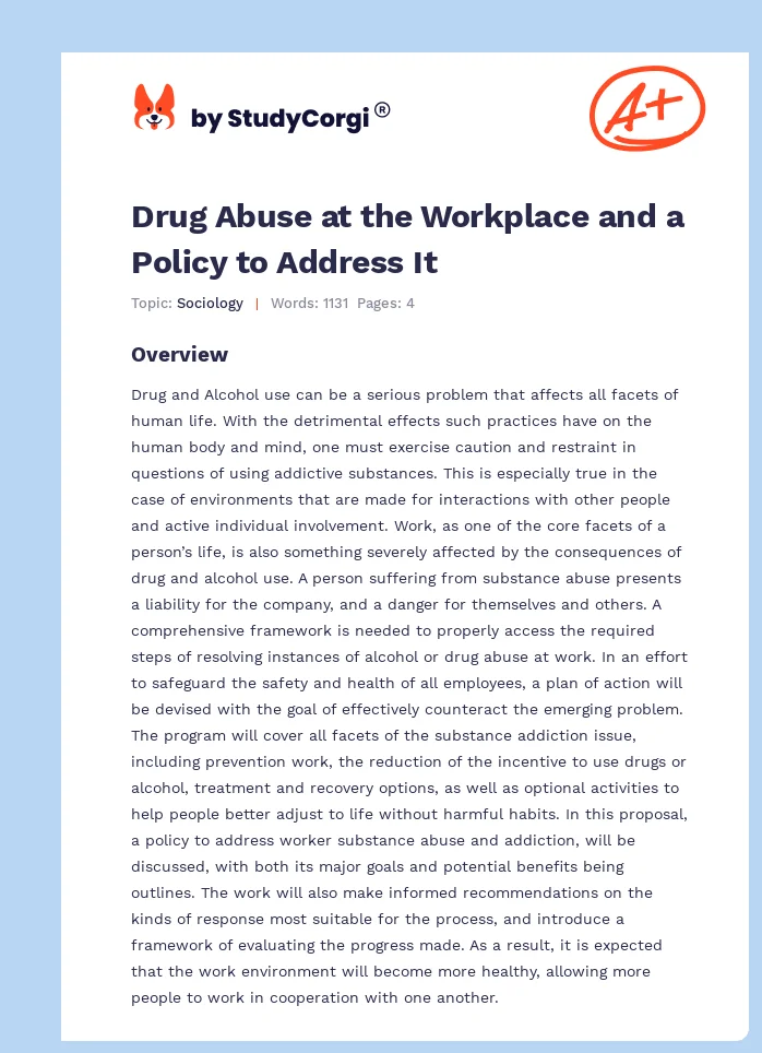 Drug Abuse at the Workplace and a Policy to Address It. Page 1