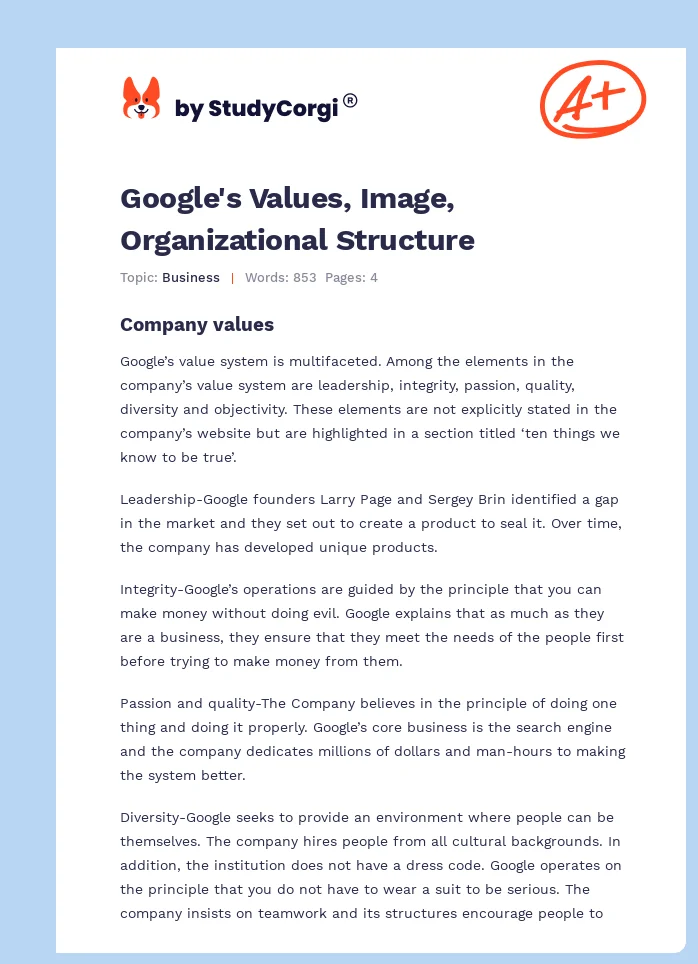 Google's Values, Image, Organizational Structure. Page 1