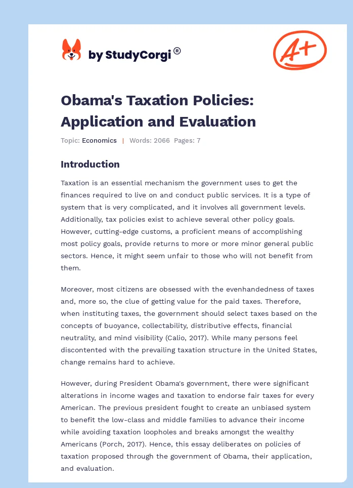 Obama's Taxation Policies: Application and Evaluation. Page 1