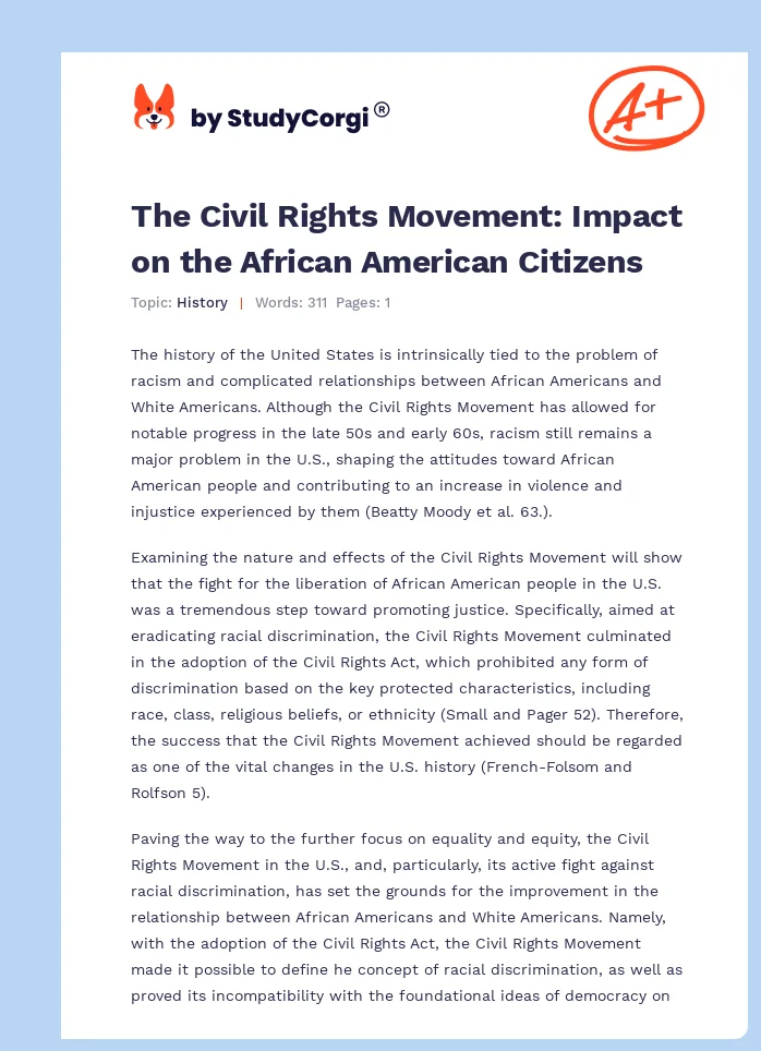 The Civil Rights Movement: Impact on the African American Citizens. Page 1