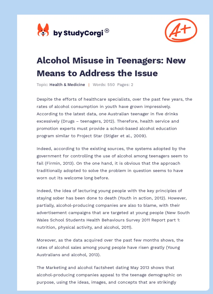 Alcohol Misuse in Teenagers: New Means to Address the Issue. Page 1