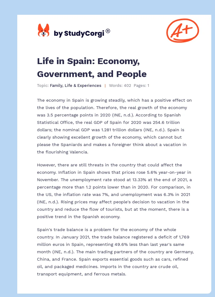 Life in Spain: Economy, Government, and People. Page 1