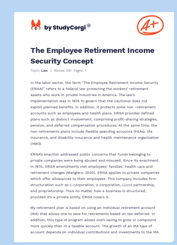 The Employee Retirement Income Security Concept. Page 1