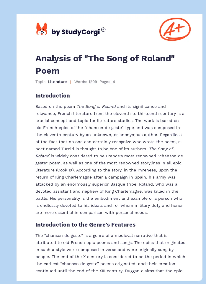 Analysis of "The Song of Roland" Poem. Page 1
