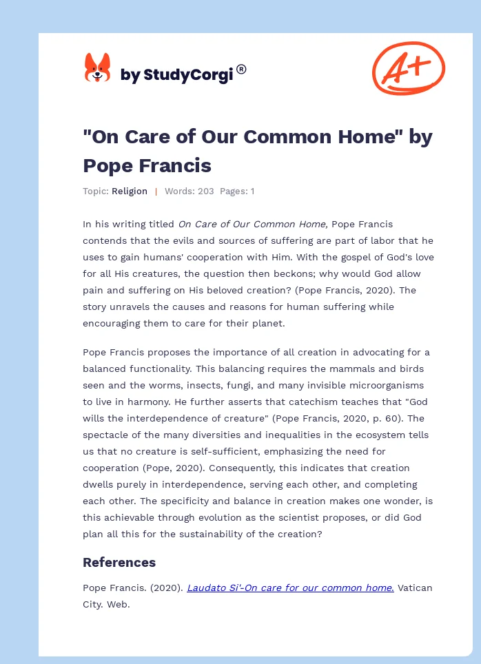 "On Care of Our Common Home" by Pope Francis. Page 1