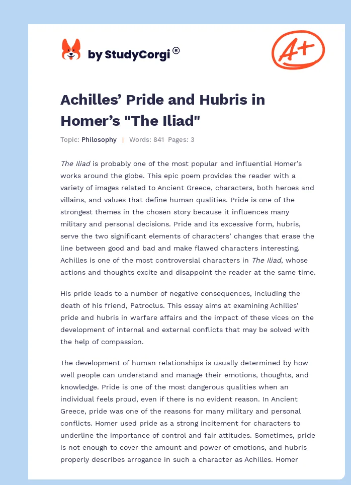 Achilles’ Pride and Hubris in Homer’s "The Iliad". Page 1