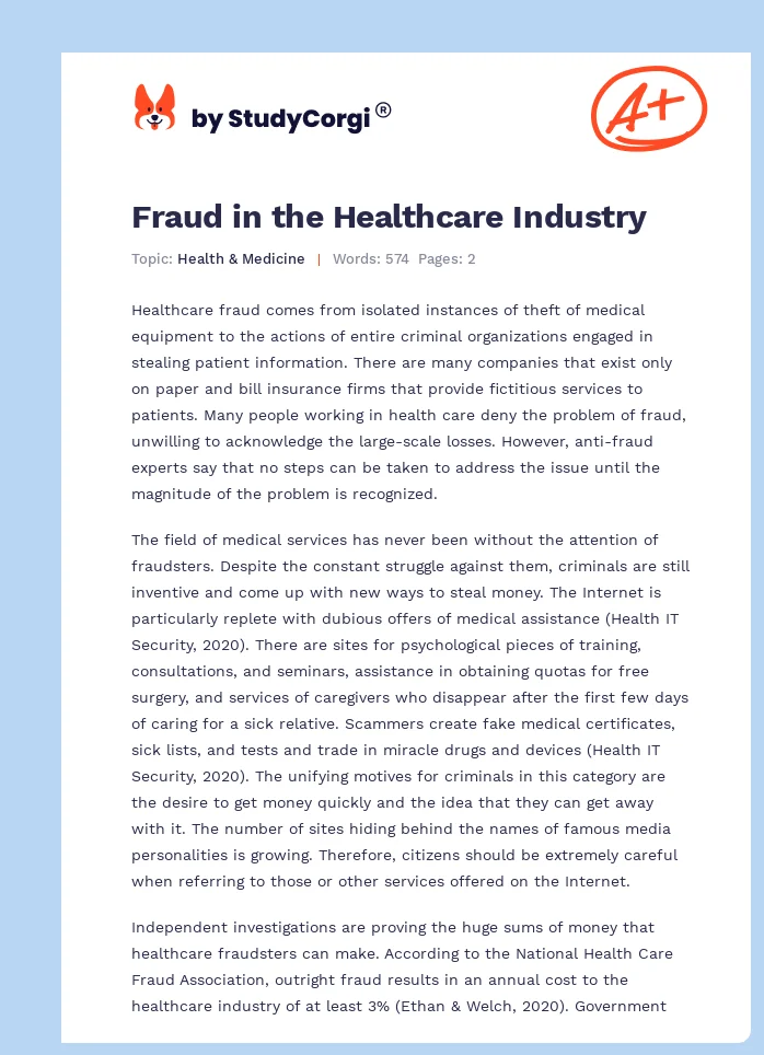 Fraud in the Healthcare Industry. Page 1