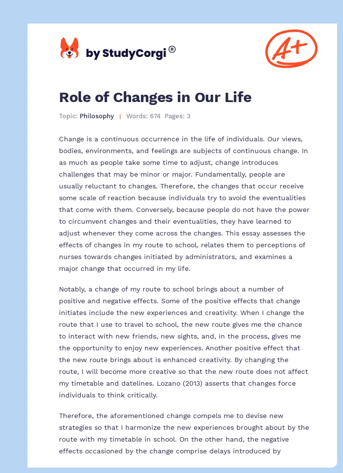Role of Changes in Our Life. Page 1