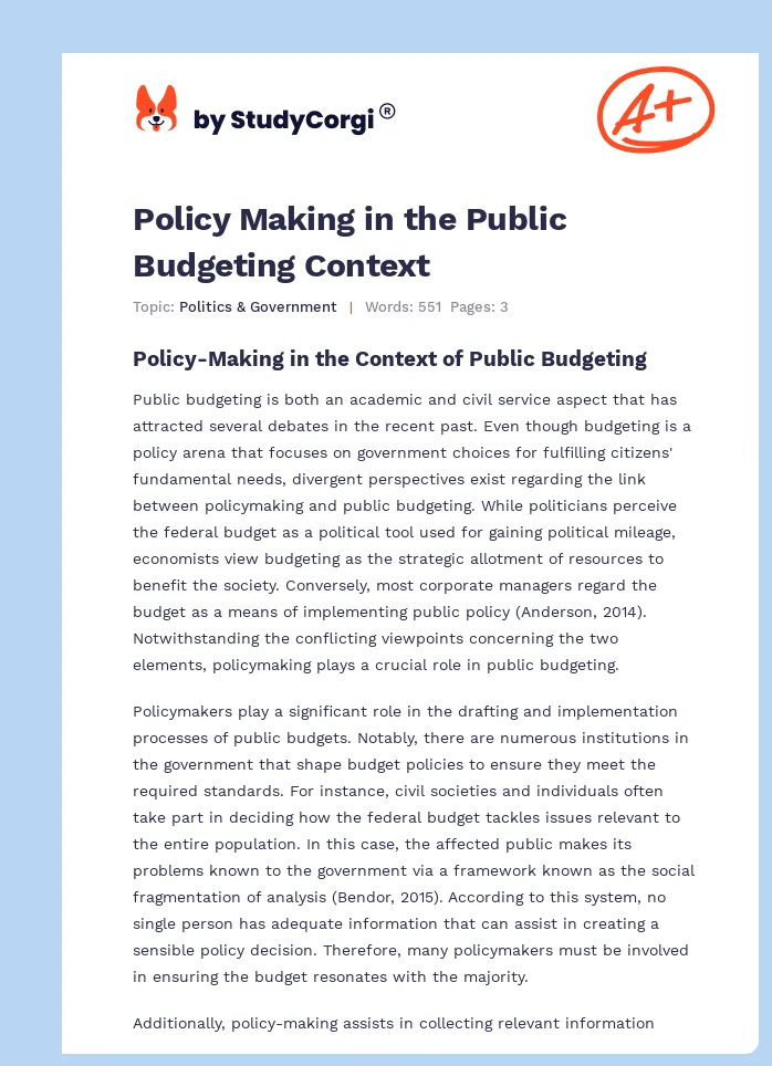 Policy Making in the Public Budgeting Context. Page 1