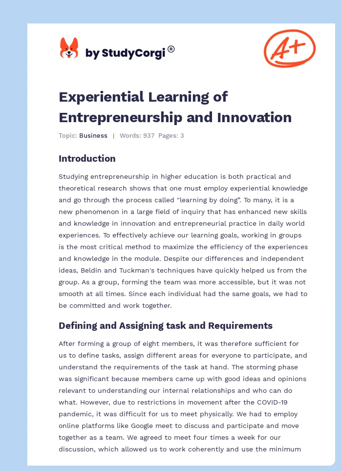 Experiential Learning of Entrepreneurship and Innovation. Page 1