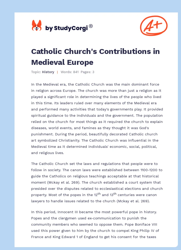 Catholic Church's Contributions in Medieval Europe. Page 1
